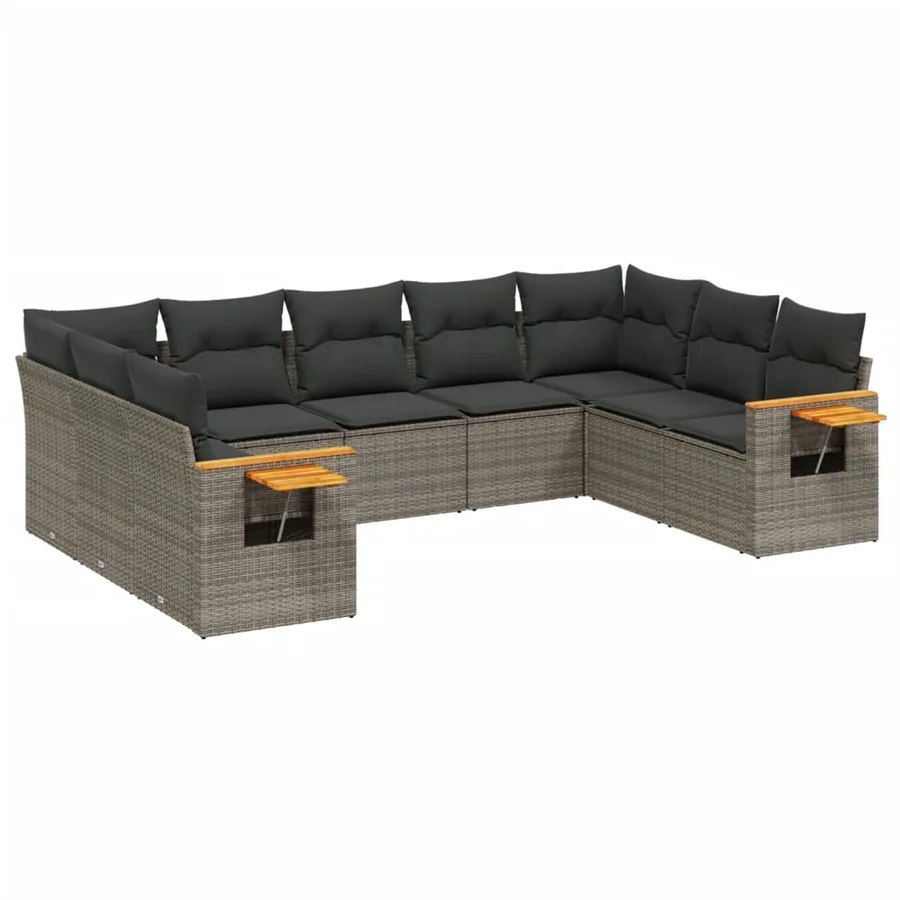Salon de jardin 9 pcs avec coussins gris résine tressée - 2