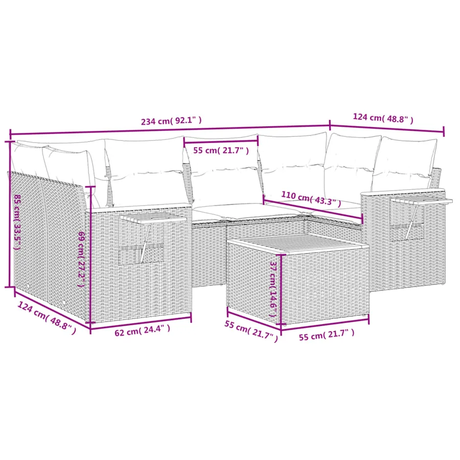 Salon de jardin 7 pcs avec coussins noir résine tressée 62 x 62 x 69 cm - 61,1 kg - 11