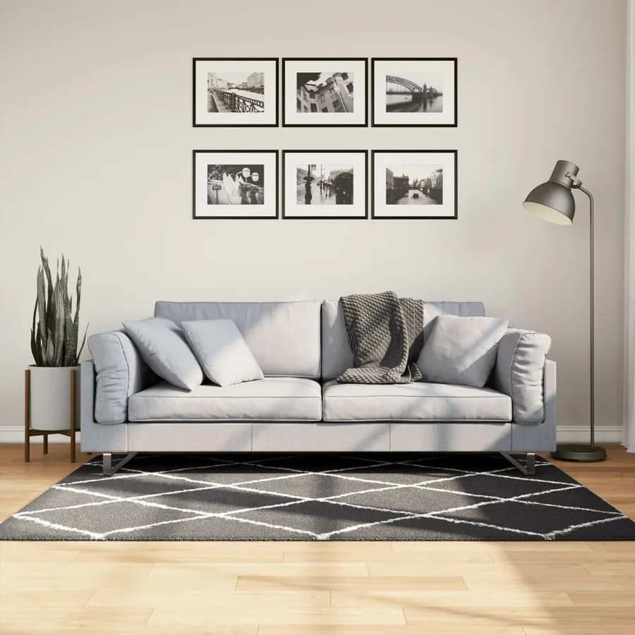 Tapis shaggy à poils longs moderne noir et crème 120x170 cm