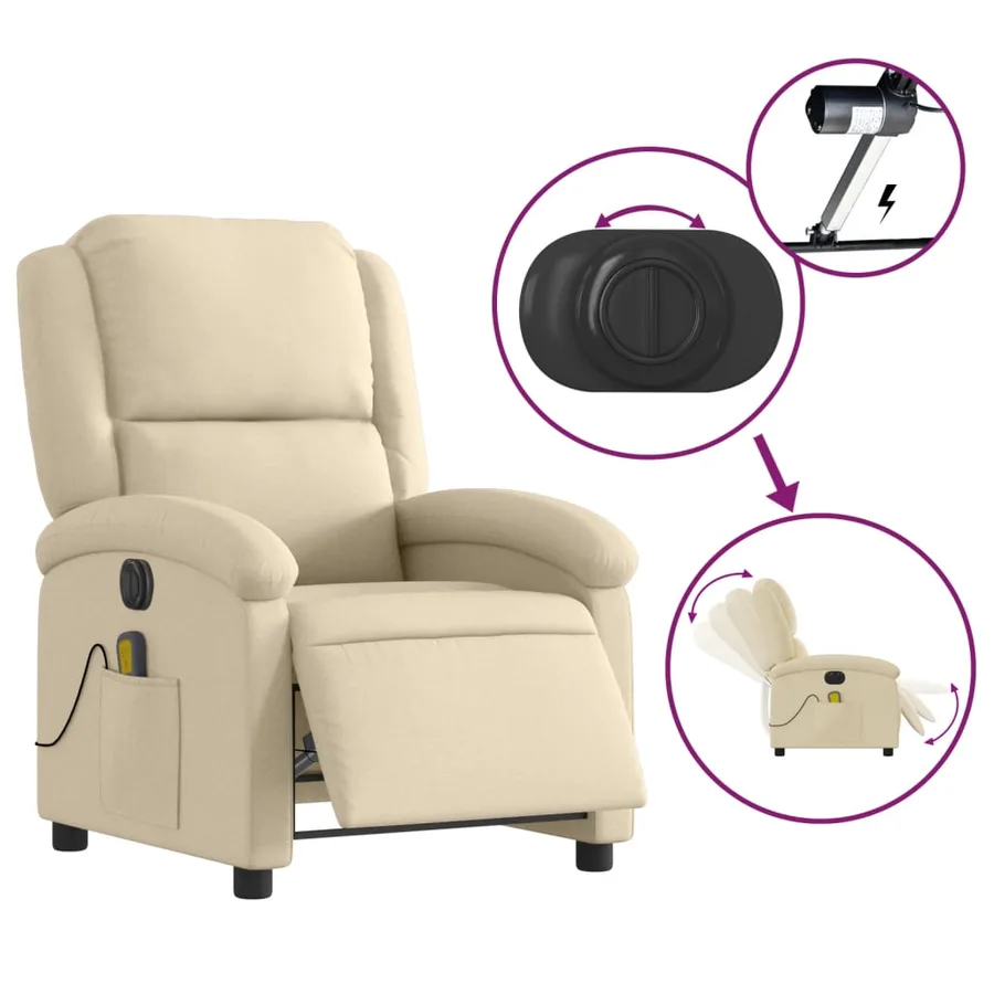 Fauteuil inclinable de massage électrique crème tissu - 6