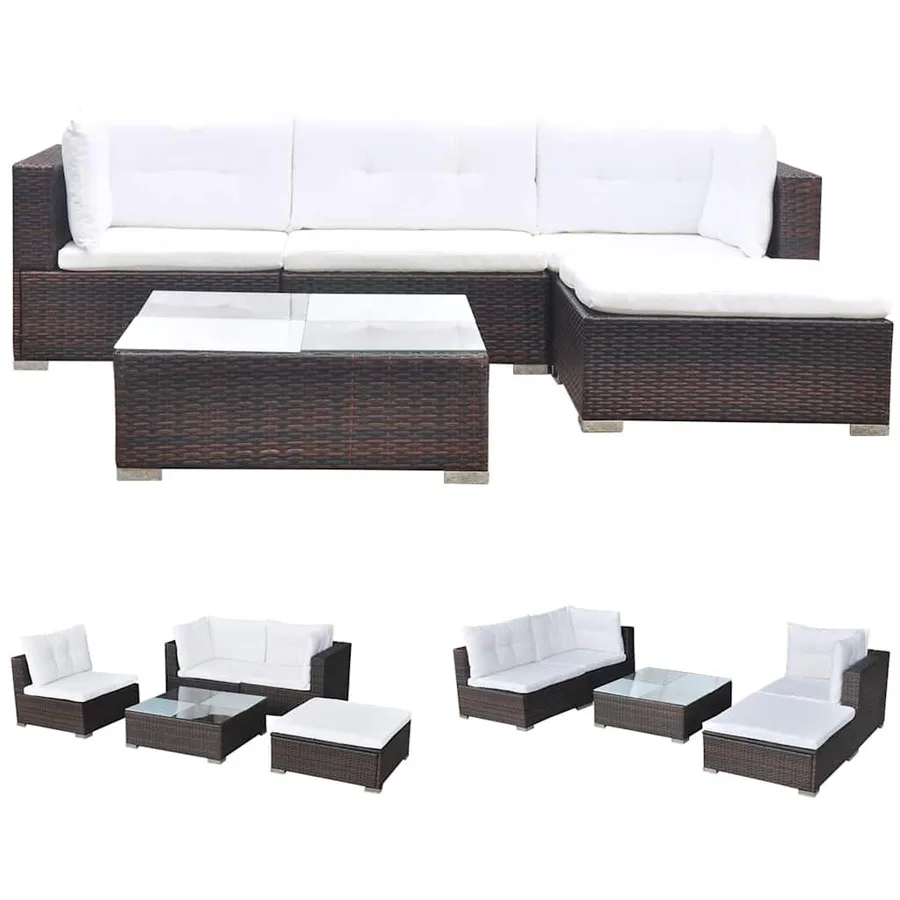 Salon de jardin 5 pcs avec coussins résine tressée marron - 2