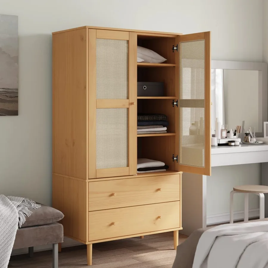 Garde-robe SENJA aspect rotin marron bois massif de pin - 3