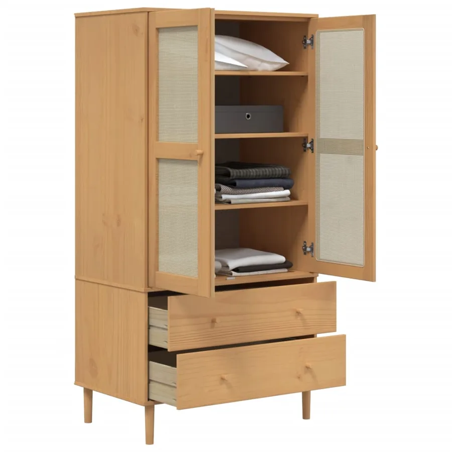 Garde-robe SENJA aspect rotin marron bois massif de pin - 4
