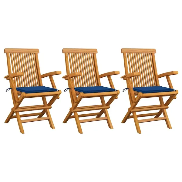 Chaises de jardin avec coussins bleu royal lot de 3 Bois teck
