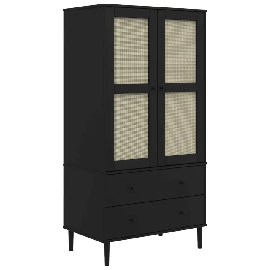 Garde-robe SENJA aspect rotin noir 90x55x175 cm bois massif pin - 2
