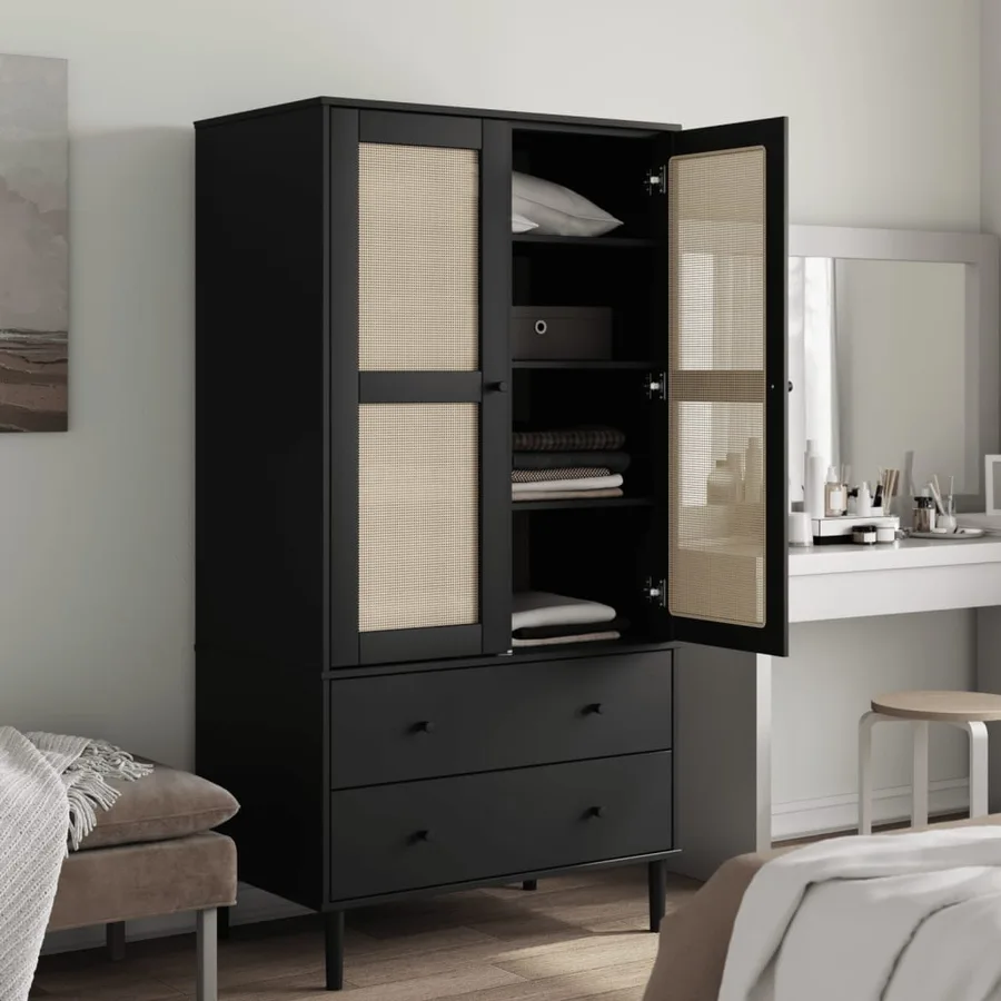 Garde-robe SENJA aspect rotin noir 90x55x175 cm bois massif pin - 3