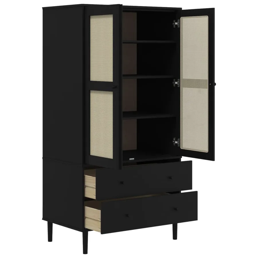 Garde-robe SENJA aspect rotin noir 90x55x175 cm bois massif pin - 6