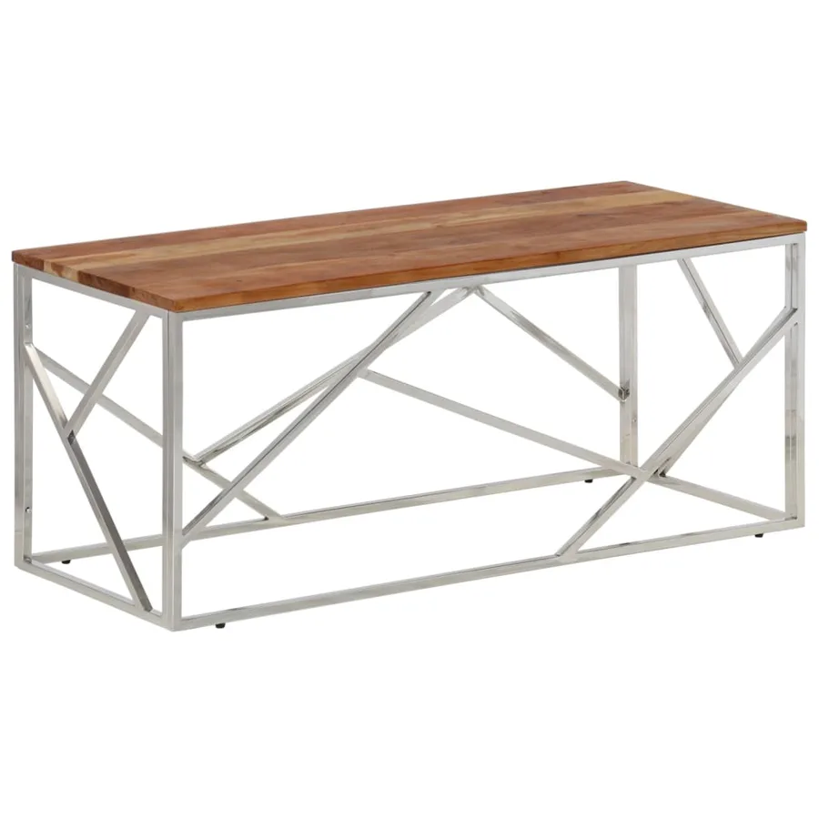 Table basse argenté acier inoxydable et bois massif d'acacia - 2