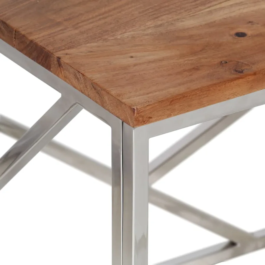 Table basse argenté acier inoxydable et bois massif d'acacia - 5