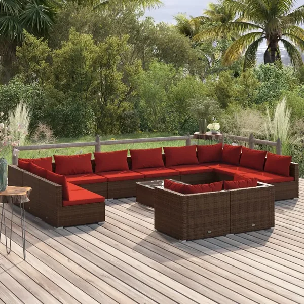 Salon de jardin 13 pcs avec coussins Marron Résine tressée