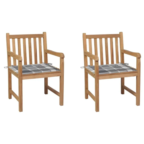 Chaises de jardin lot de 2 avec coussins à carreaux gris Teck
