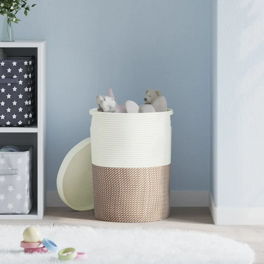 Panier de rangement et couvercle marron et blanc Ø37x50cm coton - 3