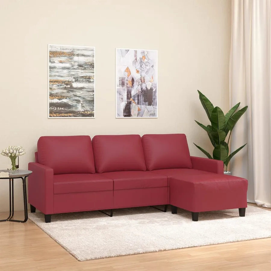 Canapé à 3 places repose-pieds Rouge bordeaux 180 cm Similicuir