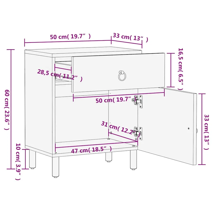 Table de chevet 50x33x60 cm bois de manguier massif - 12