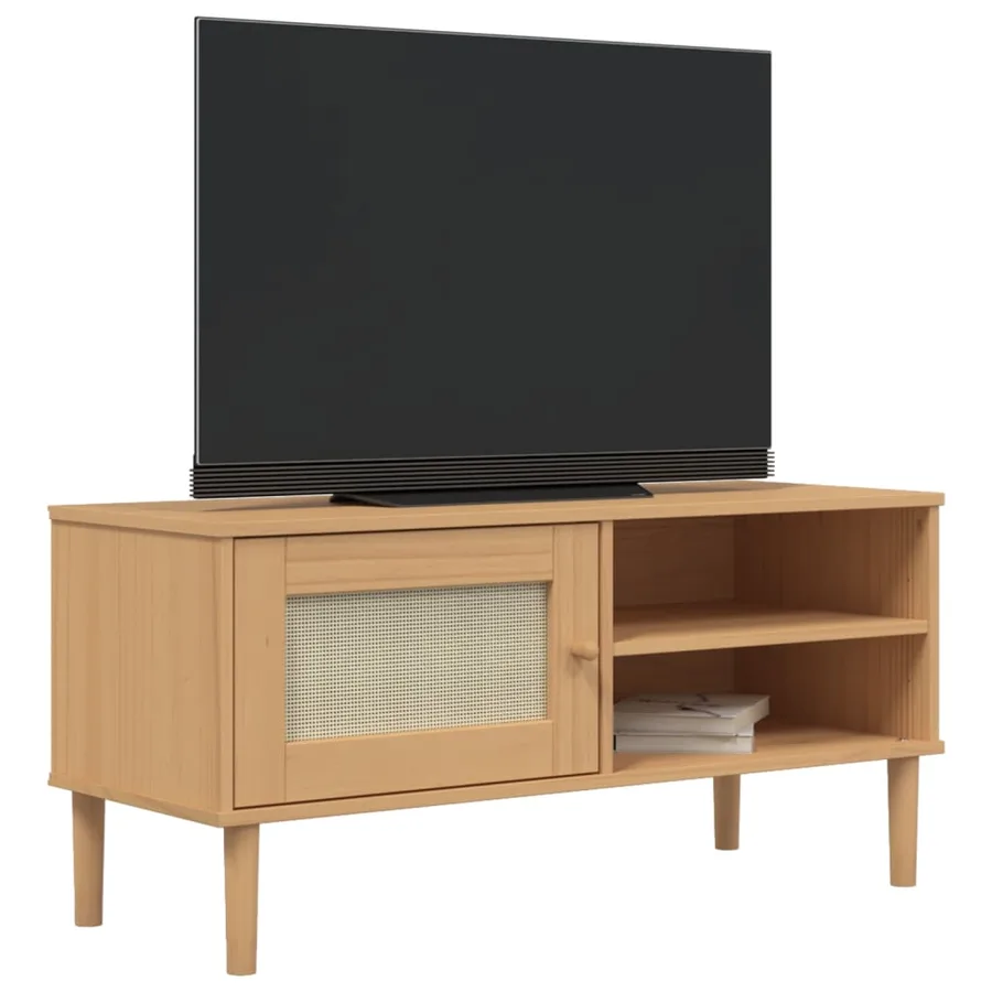 Meuble TV SENJA aspect rotin marron 106x40x49cm bois massif pin - 3