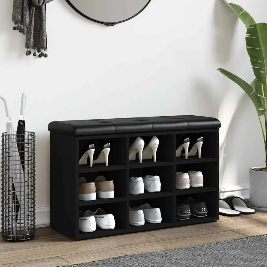 Banc à chaussures noir 82x32x50 cm bois d'ingénierie - 3