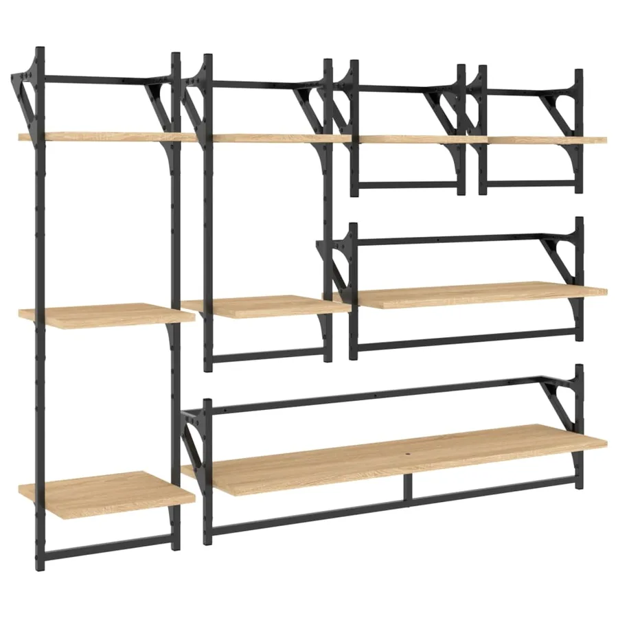 Ensemble d'étagères murales avec barres 6 pcs chêne sonoma - 2