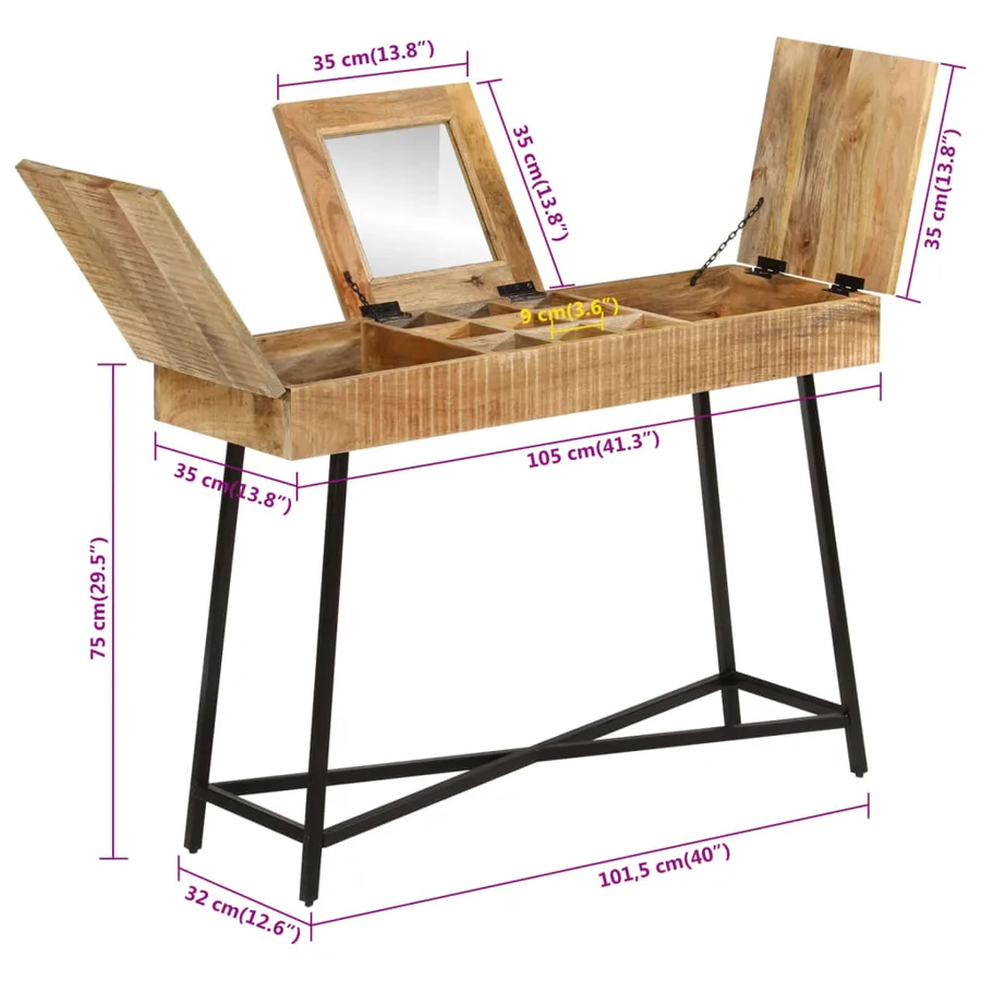 Coiffeuse 105x35x75 cm bois de manguier massif brut et fer - 9