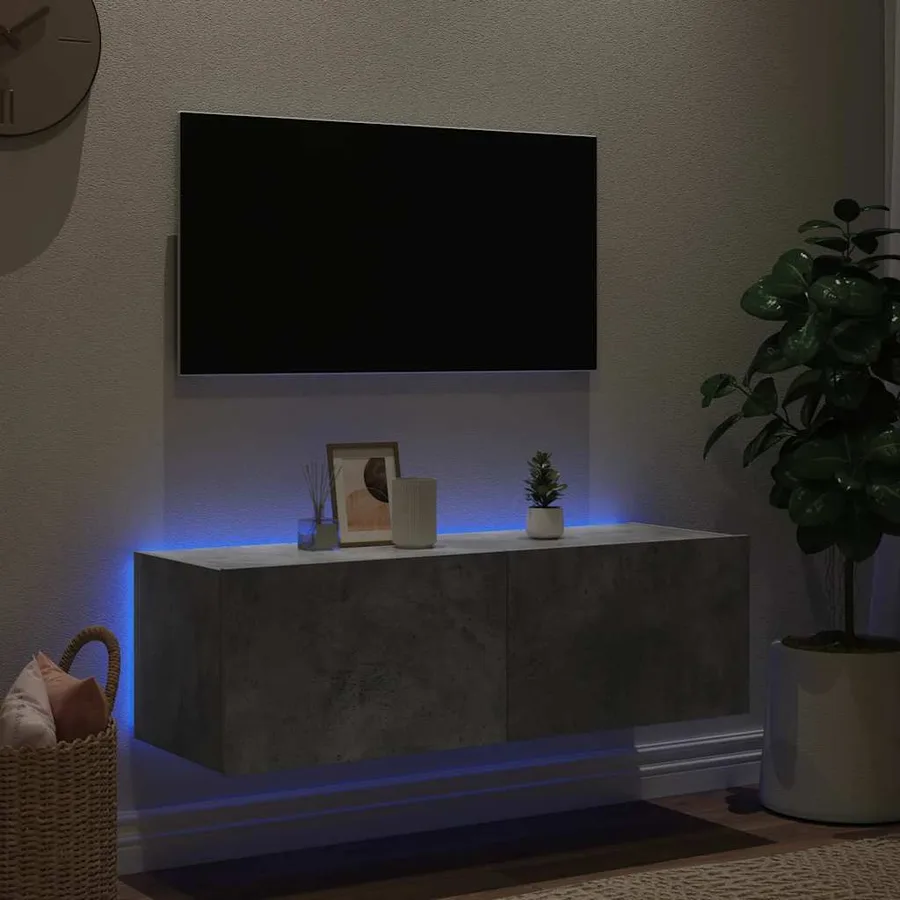 Meuble TV mural avec lumières LED gris béton 100x35x31 cm - 4