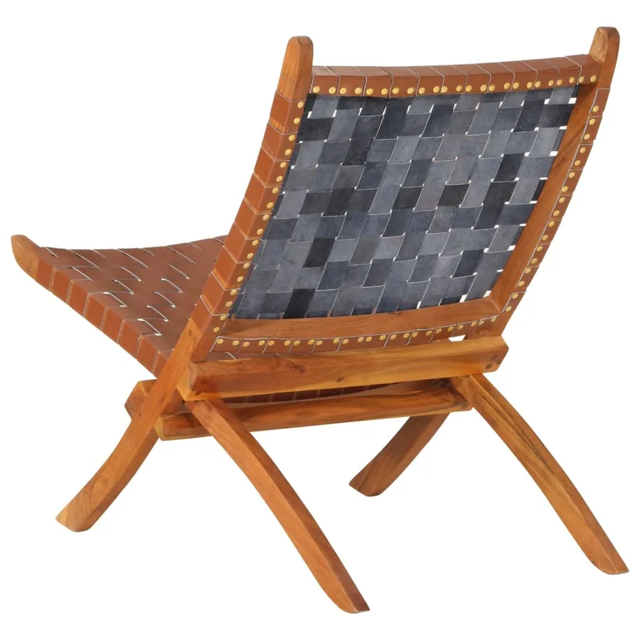 Chaise de relaxation pliable marron cuir véritable - 4