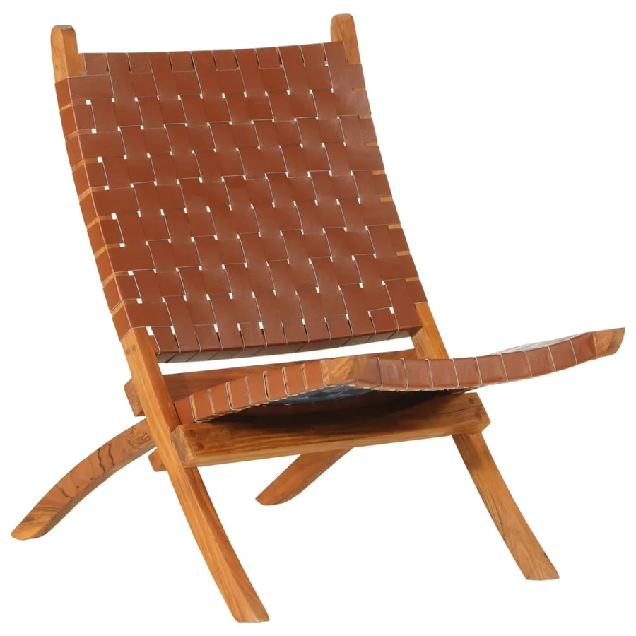 Chaise de relaxation pliable marron cuir véritable - 9
