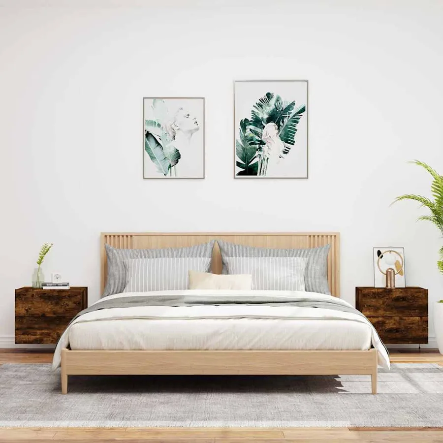 Tables de chevet murales avec lumières LED 2 pcs chêne fumé - 3