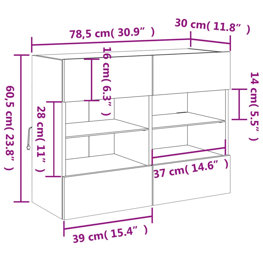 Meuble TV mural avec lumières LED chêne fumé 78,5x30x60,5 cm - 17