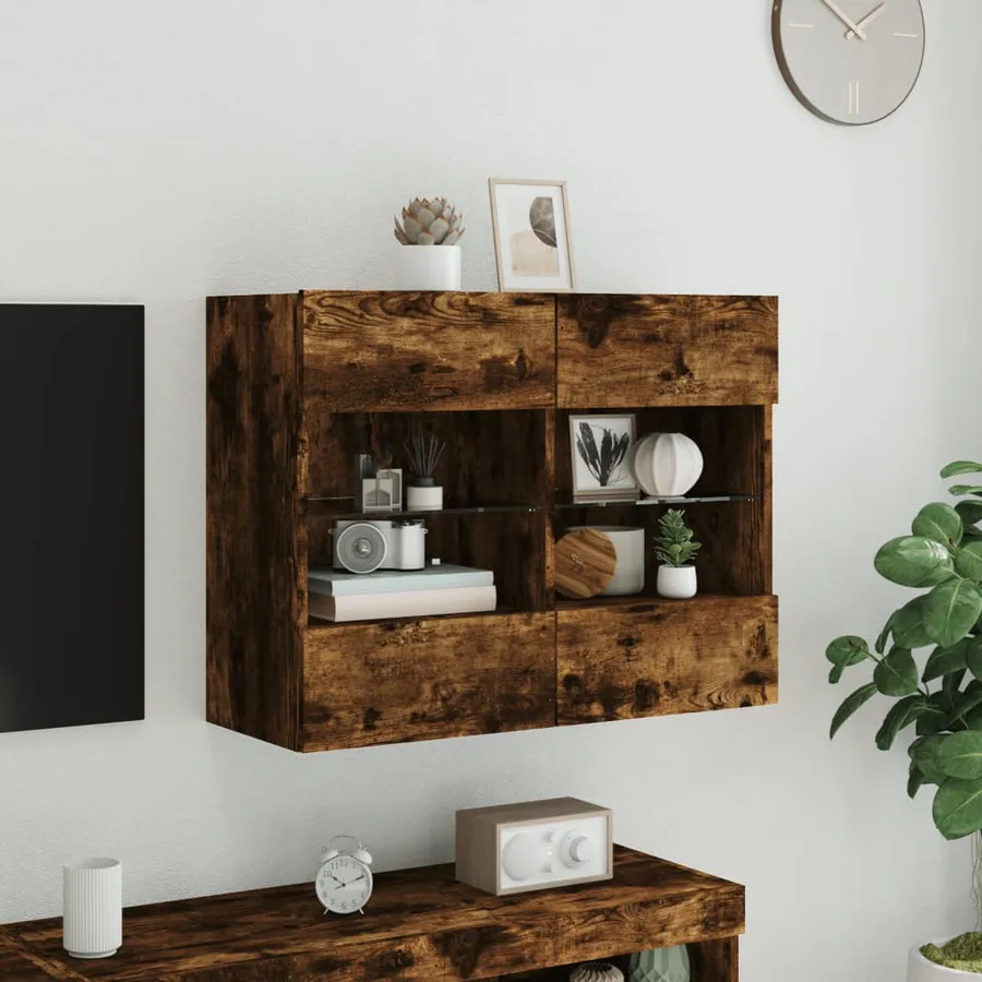 Meuble TV mural avec lumières LED chêne fumé 78,5x30x60,5 cm - 4
