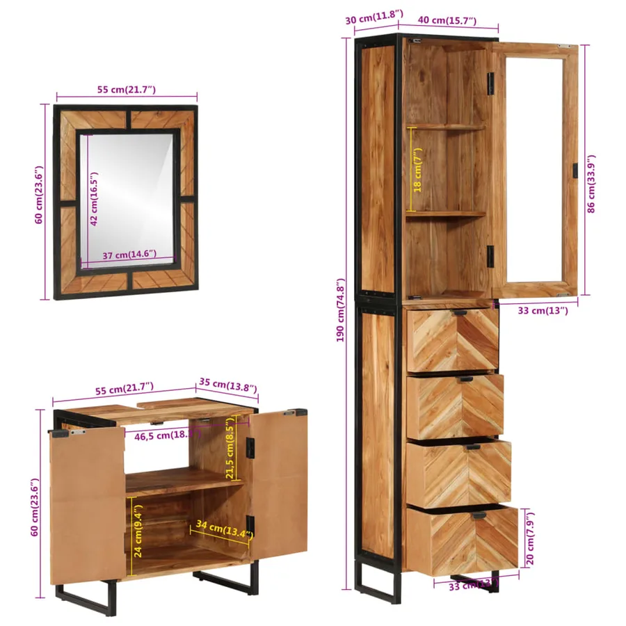 Ensemble de meubles salle de bain 3 pcs fer et bois d'acacia - 12