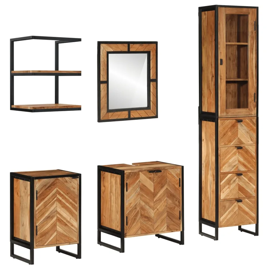 Ensemble de meubles salle de bain 5 pcs fer et bois d'acacia - 16
