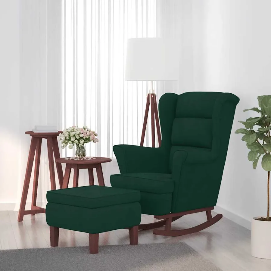 Fauteuil à bascule à oreilles en velours vert foncé bois massif