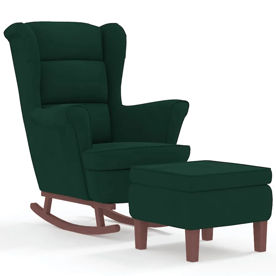 Fauteuil à bascule à oreilles en velours vert foncé bois massif - 2