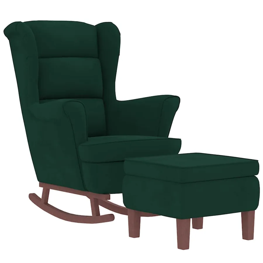 Fauteuil à bascule à oreilles en velours vert foncé bois massif - 3
