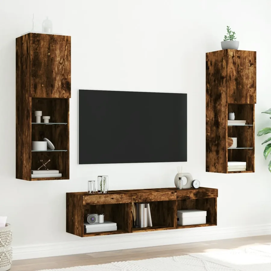 Unités murales TV avec LED 5 pcs chêne fumé bois d'ingénierie - 3
