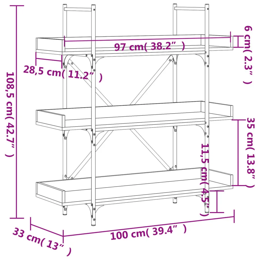 Bibliothèque à 3 niveaux chêne marron 100x33x108,5 cm - 9