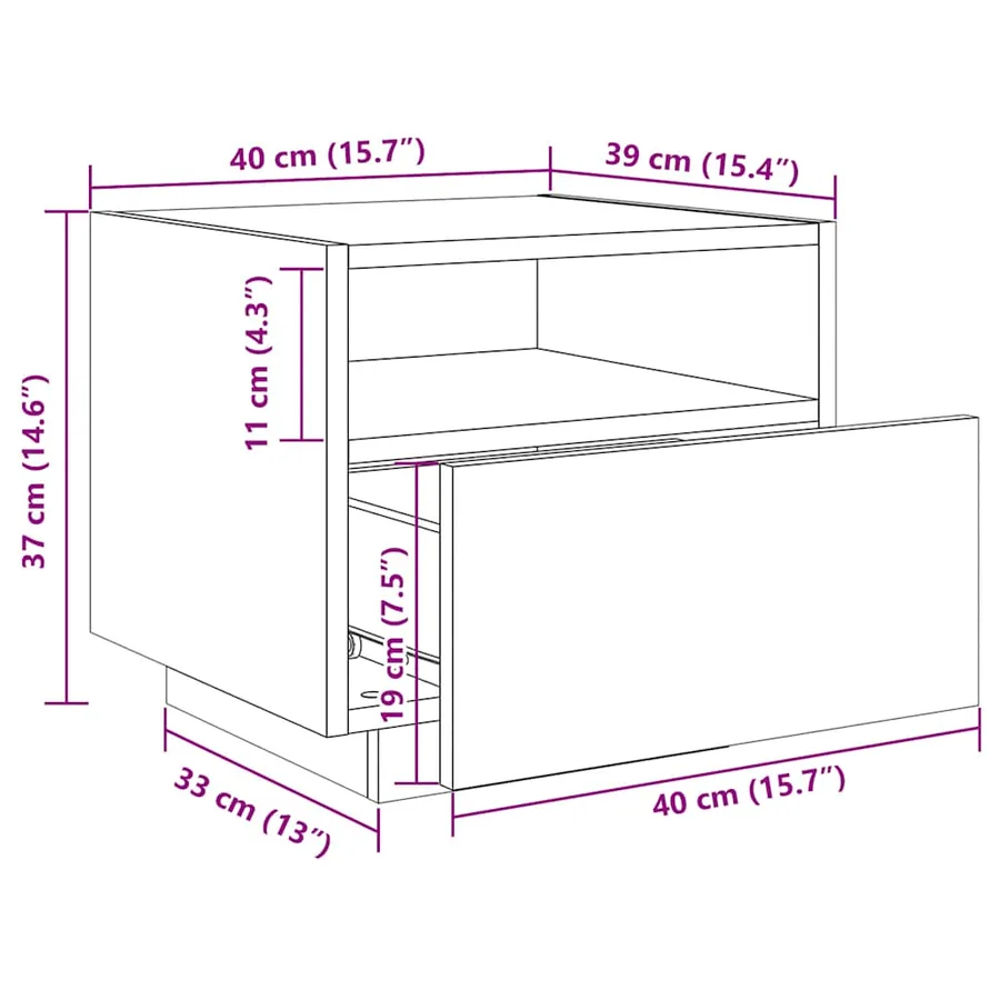 Table de chevet avec lumières LED chêne sonoma 40x39x37 cm - 15