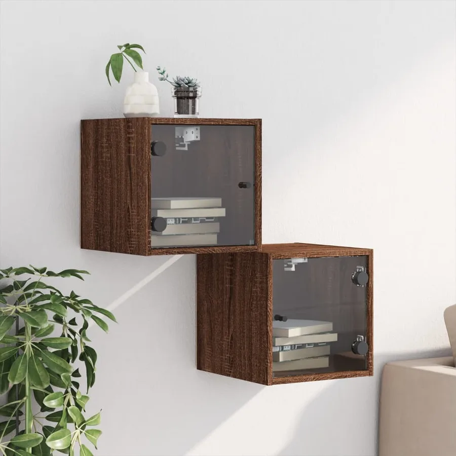 Tables de chevet et portes vitrées 2pcs chêne marron 35x37x35cm - 3