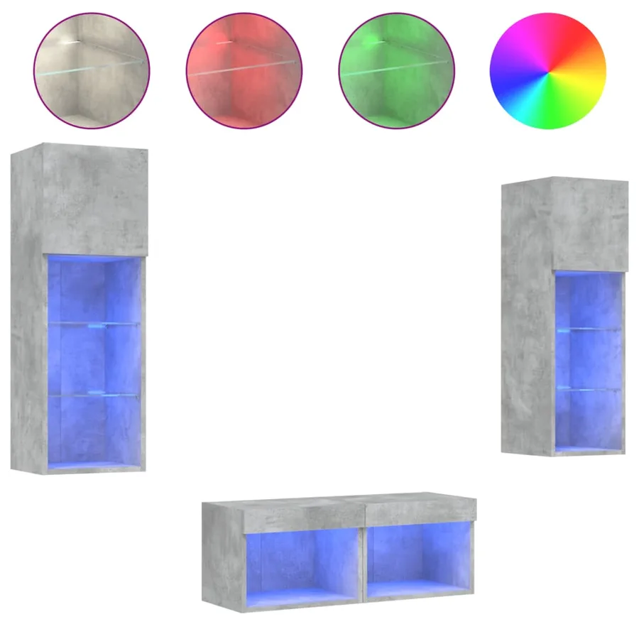 Meuble TV muraux 4 pcs avec lumières LED gris béton - 2