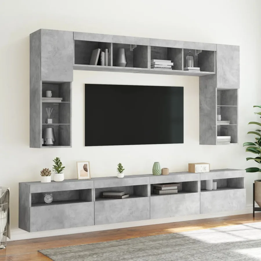 Ensemble de meubles TV muraux 8 pcs et lumières LED gris béton - 4