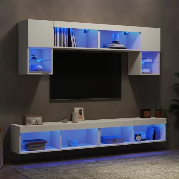 Unités murales TV avec LED 6 pcs blanc bois d'ingénierie
