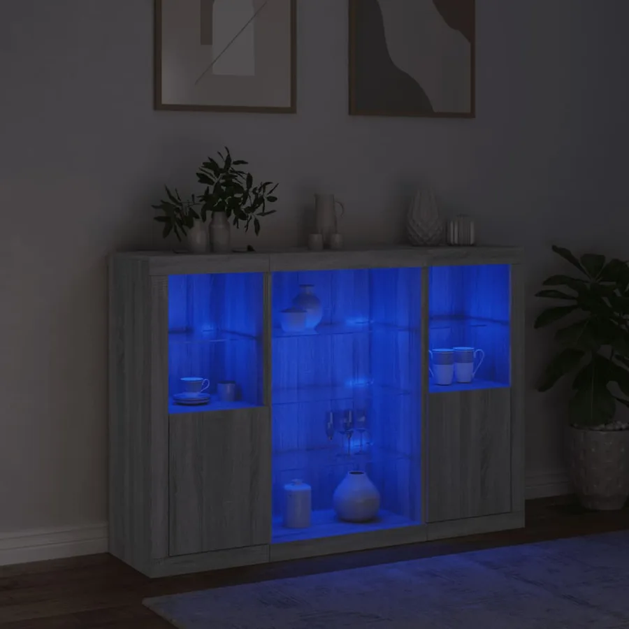 Buffets avec lumières LED 3 pcs sonoma gris bois d'ingénierie - 3