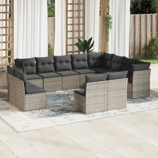 Salon de jardin avec coussins 12 pcs gris résine tressée