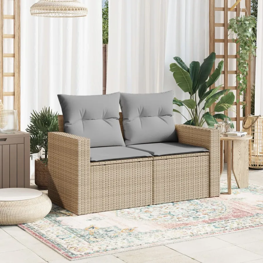 Canapé de jardin avec coussins 2 places beige résine tressée - 3