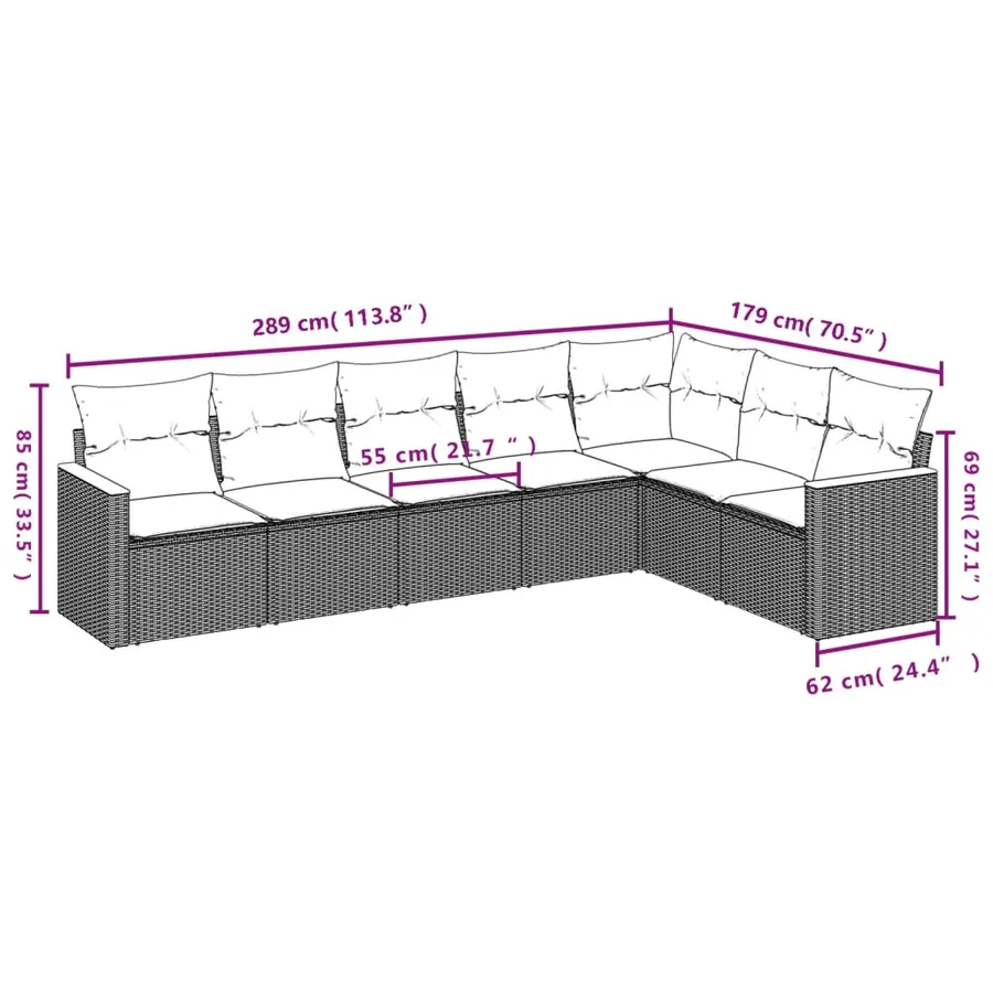 Salon de jardin 7 pcs avec coussins noir résine tressée 62 x 62 x 69 cm - 55,7 kg - 7