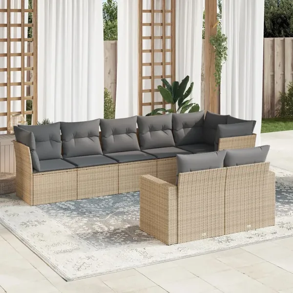 Salon de jardin avec coussins 8 pcs beige résine tressée