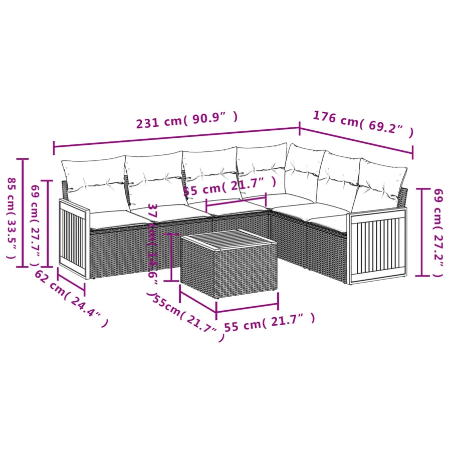Salon de jardin 7 pcs avec coussins noir résine tressée 62 x 62 x 69 cm - 58,0 kg - 7