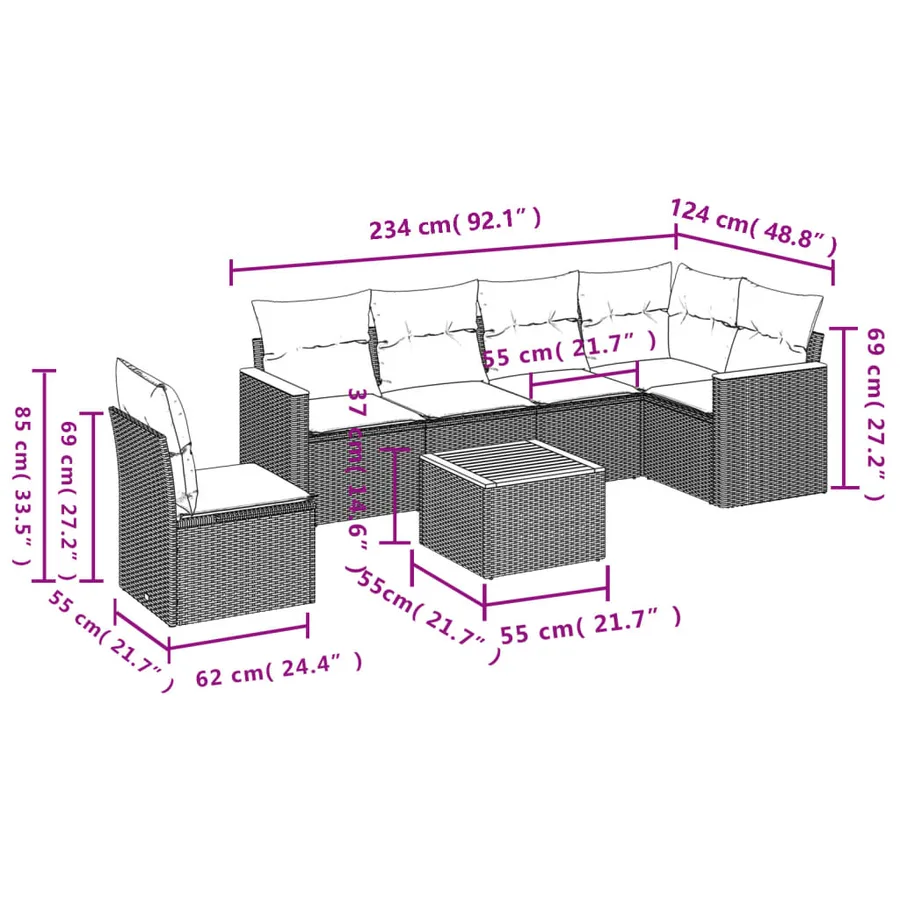 Salon de jardin 7 pcs avec coussins noir résine tressée 62 x 62 x 69 cm - 55,6 kg - 8