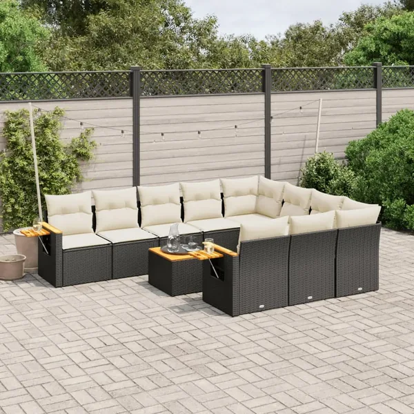 Salon de jardin 11 pcs avec coussins noir résine tressée