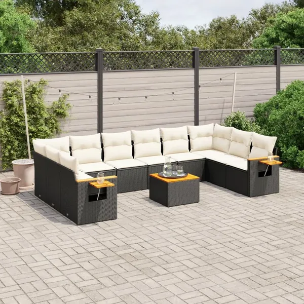 Salon de jardin 11 pcs avec coussins noir résine tressée