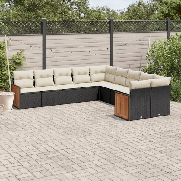 Salon de jardin 10 pcs avec coussins noir résine tressée